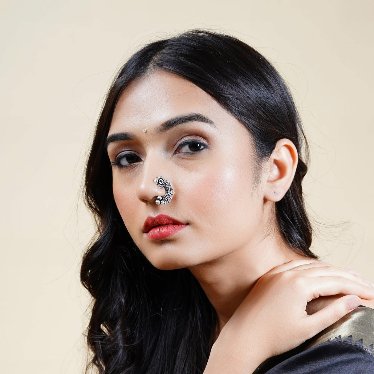 Indian Marathi Nath for Women - Silver Marathi Style Oxidized Nose Ring Indian Jewelry Clip-On Marathi Bridal Nathani Bollywood Style Faux Pearl Non-Piercing Jewelry for Women Gift For Her - LoveNspire