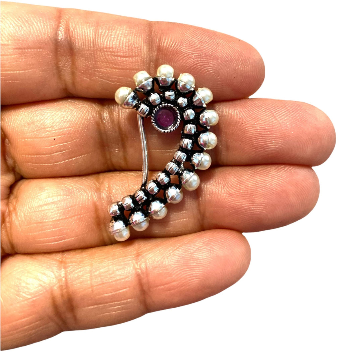 Indian Marathi Nath for Women Oxidized Pearl Marathi Nose Ring Clip-On Marathi Bridal Nathani Bollywood Style Faux Pearl Non-Piercing Jewelry for Women Gift For Her - Indian Jewelry Nose Ring - LoveNspire