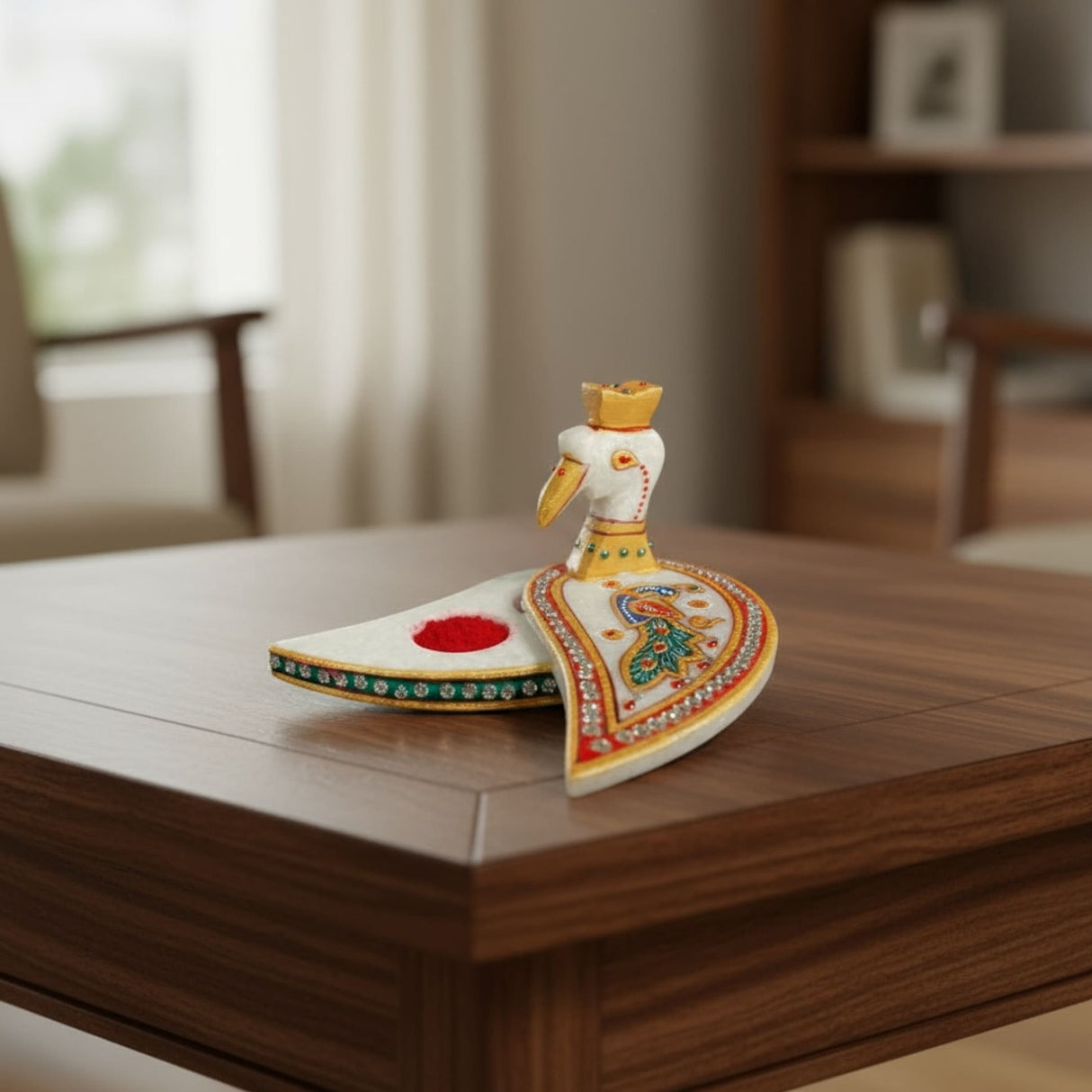 Ceramic swan-shaped candle holder with floral patterns and golden top for Pooja and Diwali decor