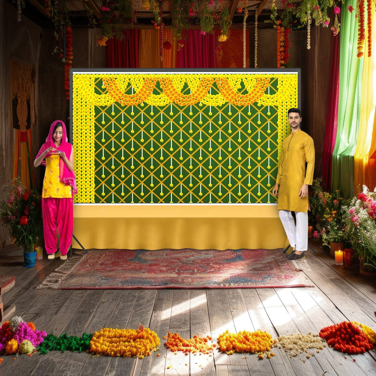 Marigold Backdrop Indian Traditional Cloth Backdrop 5x8 Feet Pooja Backdrop Indian Wall Art Photo Decor Banner Diwali Decor Wedding Backdrop Decorative Cloth Backdrop - LoveNspire