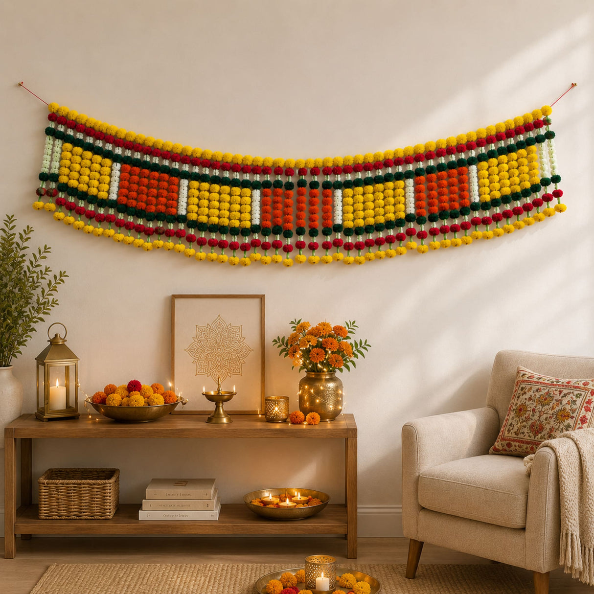 A vibrant multi-colored pom-pom jumbo marigold jasmine door toran hanging valance with yellow red green and white stripes
