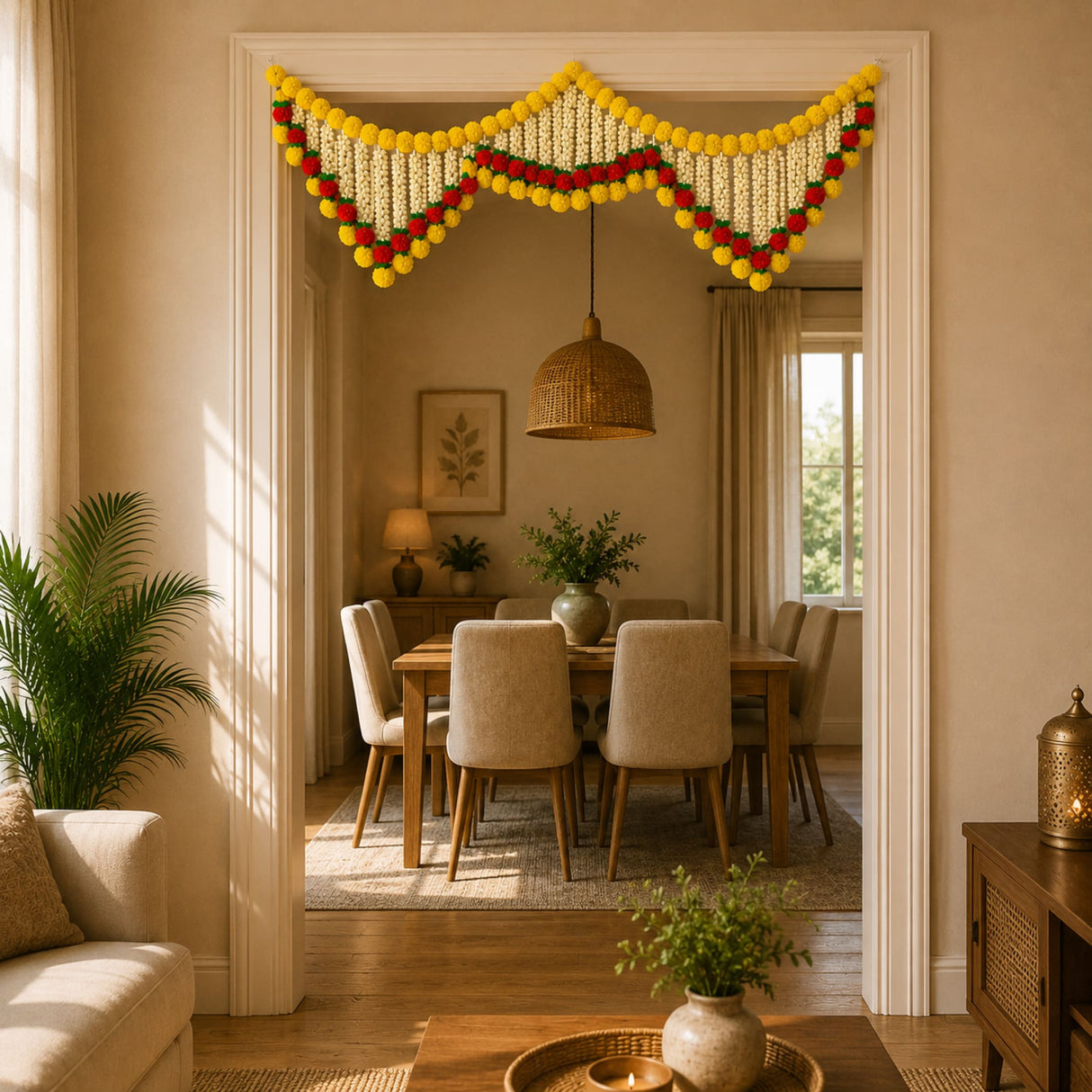 A vibrant yellow red and white marigold jasmine door toran hanging valance with pom poms for Indian festival decor