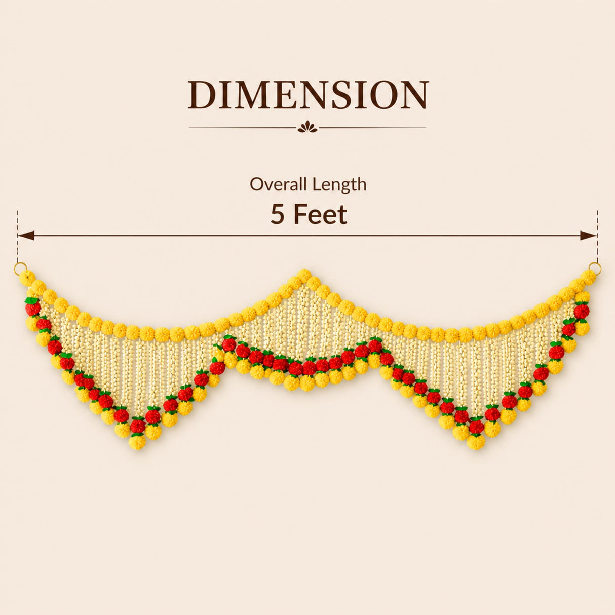 A vibrant yellow and red pom-pom marigold jasmine door toran garland 5 feet long for indian wedding and festival decor