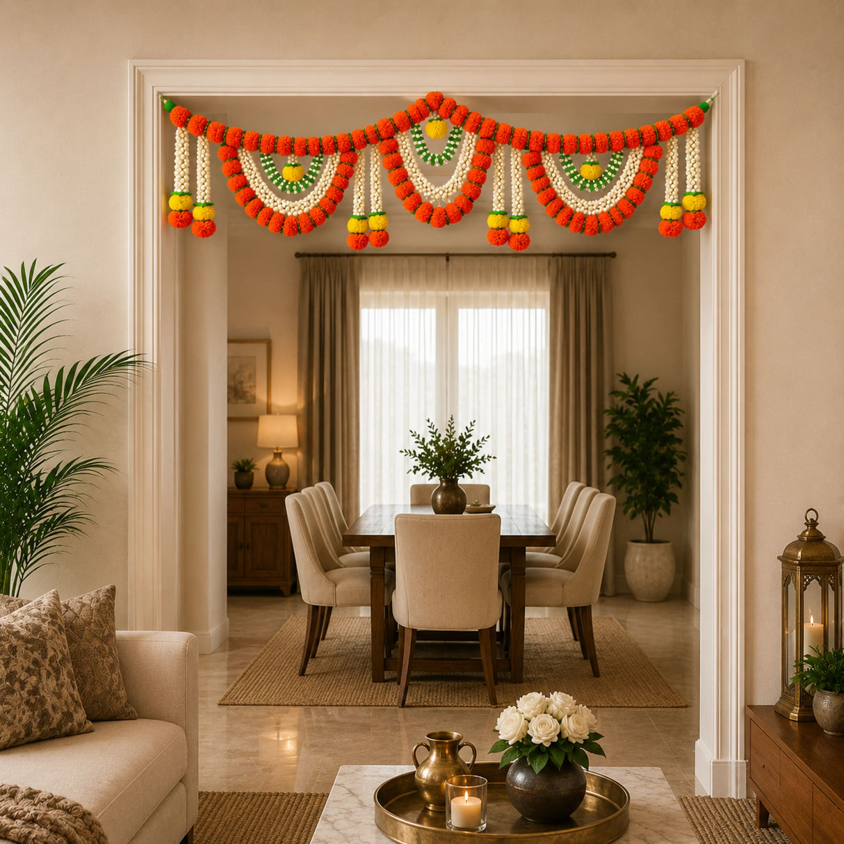 Ornate artificial marigold jasmine garland in orange white and green hanging above doorway for festival pooja decor