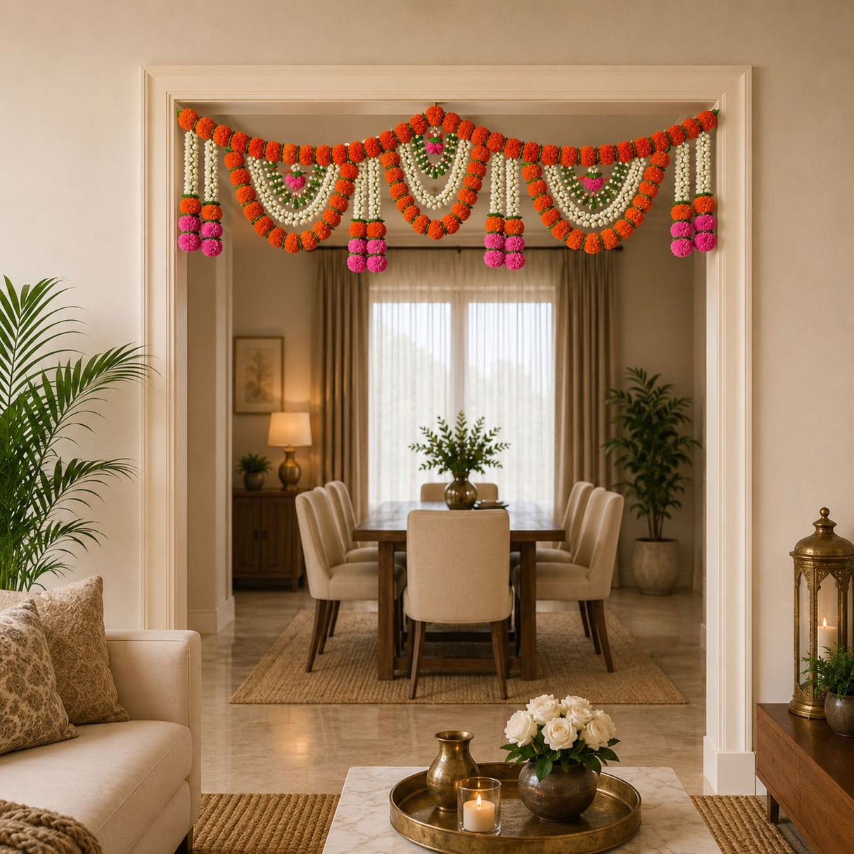 A vibrant orange white and pink artificial marigold jasmine garland with green leaves for Indian festival pooja decor