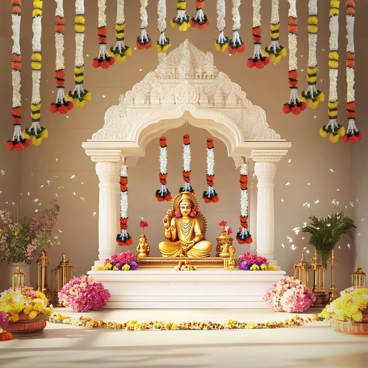 Orange Jasmine Marigold Flowers Garland for Home Decor Faux Artificial Strings Diwali Decorations Indian Wedding Mantle Decor for Day of the Dead Ofrenda Mexican Fiesta - Religious Pongal Decor - LoveNspire