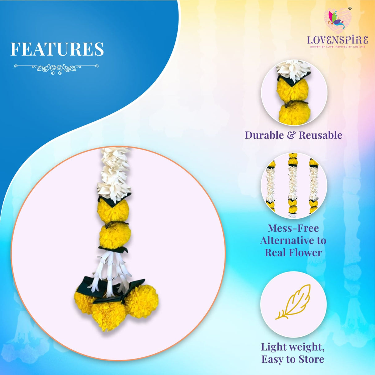 Yellow Jasmine Marigold Flowers Garland for Home Decor Faux Artificial Strings Diwali Decorations Indian Wedding Mantle Decor for Day of the Dead Ofrenda Mexican Fiesta - Religious Pongal Decor - LoveNspire