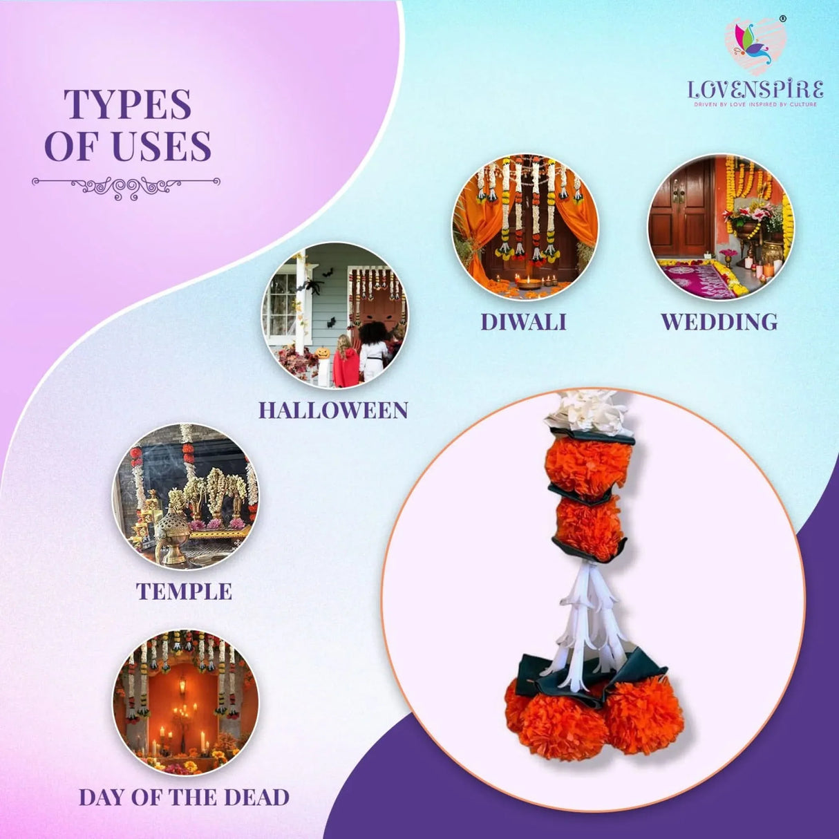 Orange Jasmine Marigold Flowers Garland for Home Decor Faux Artificial Strings Diwali Decorations Indian Wedding Mantle Decor for Day of the Dead Ofrenda Mexican Fiesta - Religious Pongal Decor - LoveNspire