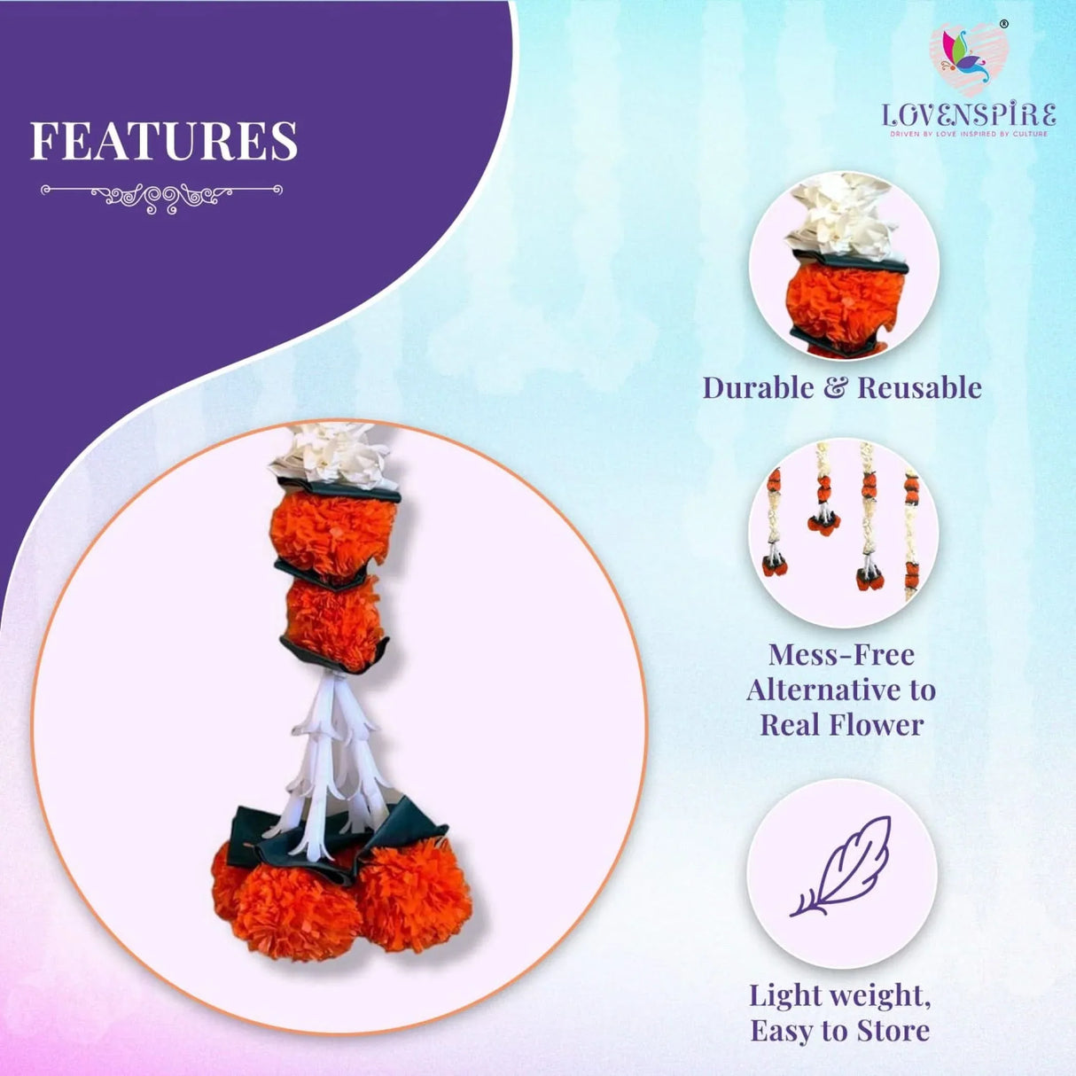 Orange Jasmine Marigold Flowers Garland for Home Decor Faux Artificial Strings Diwali Decorations Indian Wedding Mantle Decor for Day of the Dead Ofrenda Mexican Fiesta - Religious Pongal Decor - LoveNspire