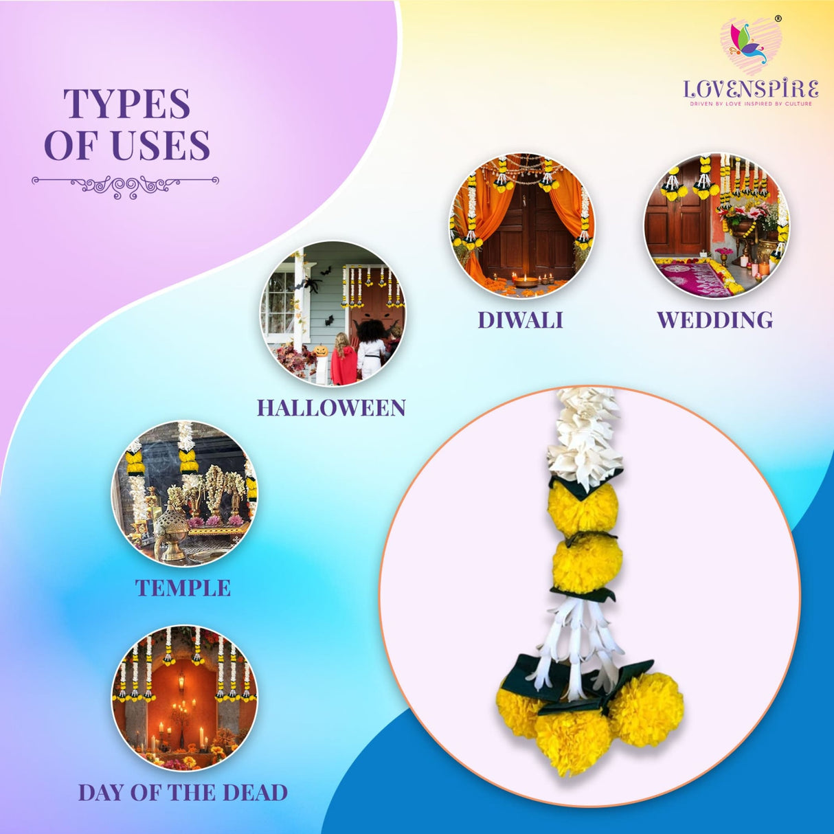 Yellow Jasmine Marigold Flowers Garland for Home Decor Faux Artificial Strings Diwali Decorations Indian Wedding Mantle Decor for Day of the Dead Ofrenda Mexican Fiesta - Religious Pongal Decor - LoveNspire