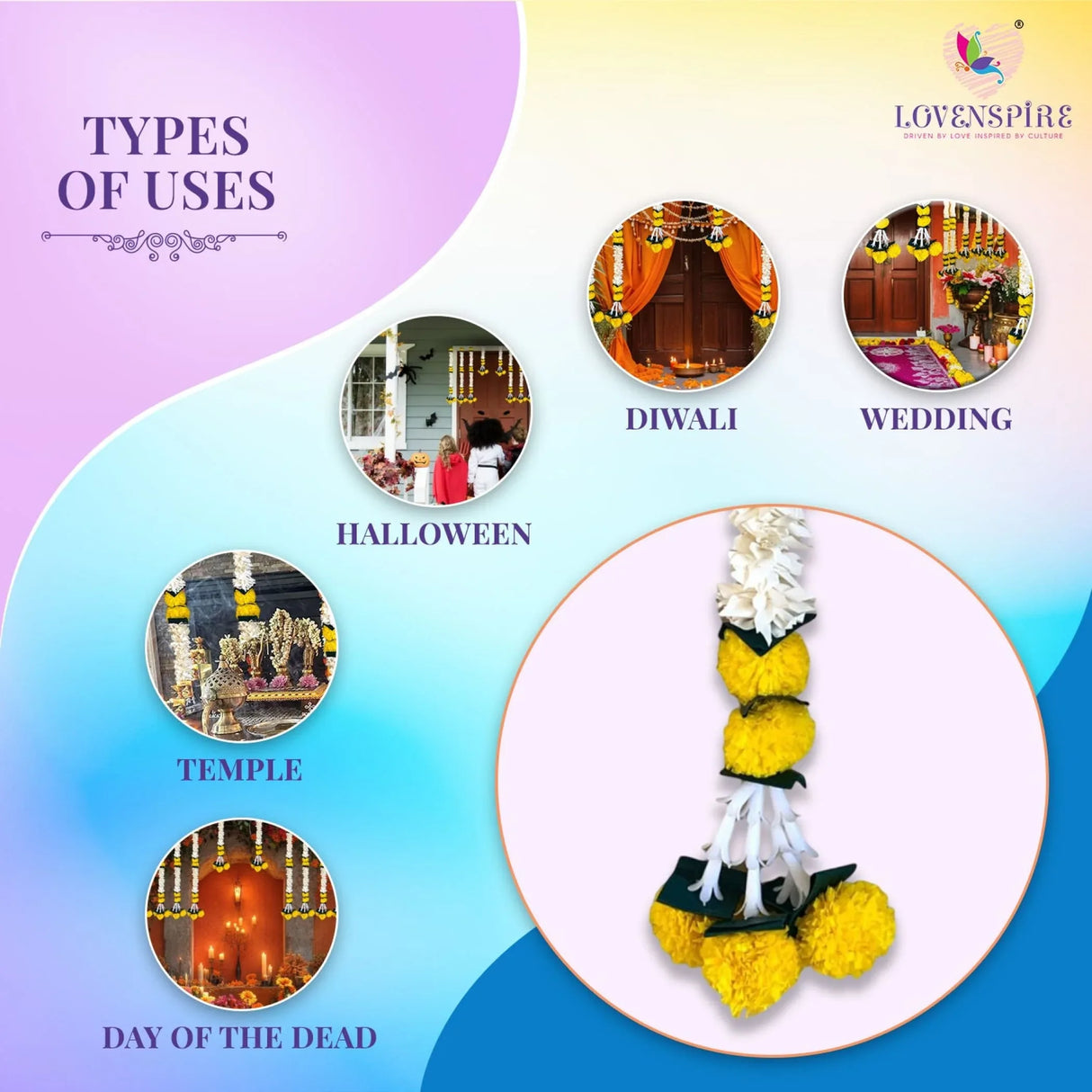 Yellow Jasmine Marigold Flowers Garland for Home Decor Faux Artificial Strings Diwali Decorations Indian Wedding Mantle Decor for Day of the Dead Ofrenda Mexican Fiesta - Religious Pongal Decor - LoveNspire