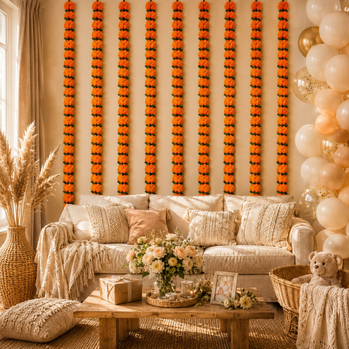 Cream-colored sofa with textured throw pillows and woven blanket complementing marigold jhoomar and wedding garlands decor