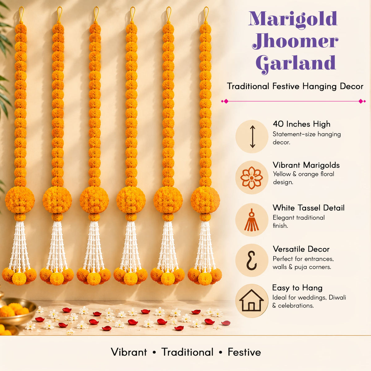 Artificial marigold and jasmine hanging jhoomer garland with vibrant orange flowers and white tassel details for festive decor