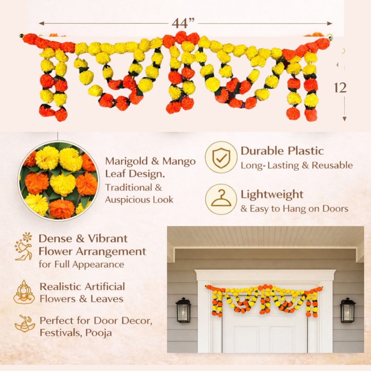 44-inch marigold mango leaf plastic toran garland for Diwali Puja decor