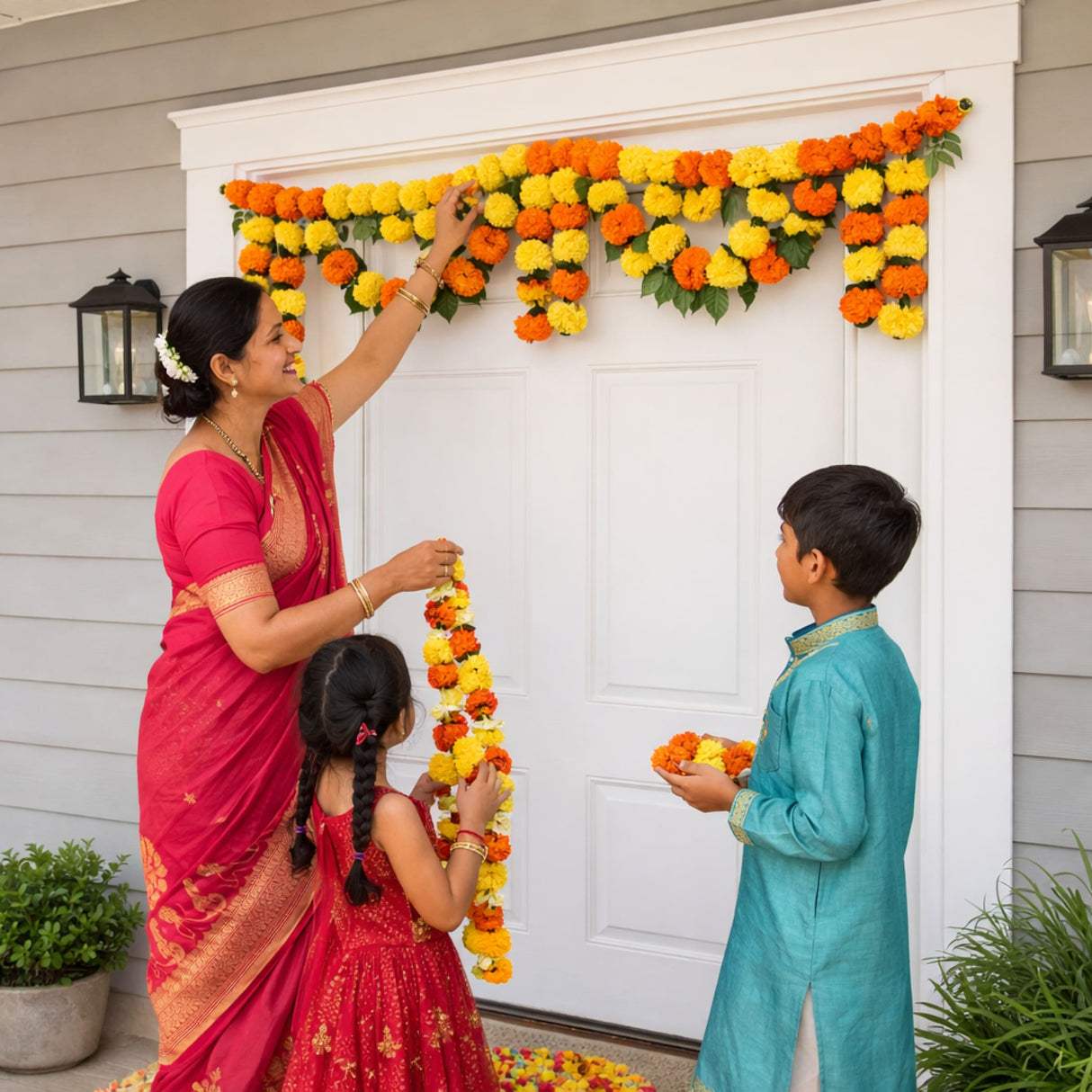 Vibrant orange marigold mango leaf toran garland arch above white door