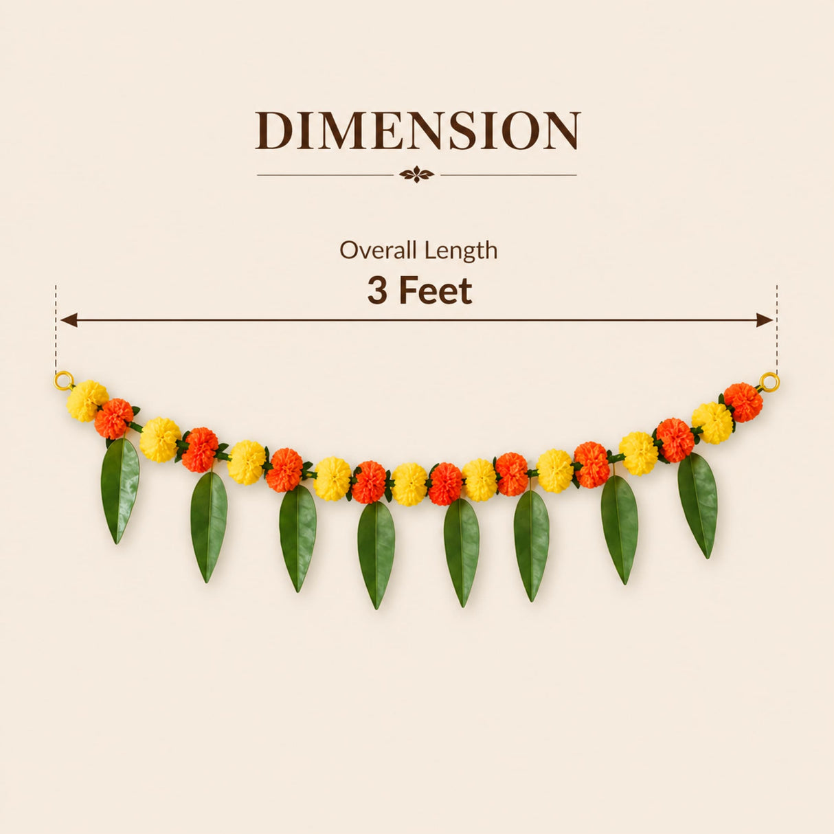 A vibrant orange and yellow marigold mango leaf door toran hanging garland designed for festive pooja and wedding decor
