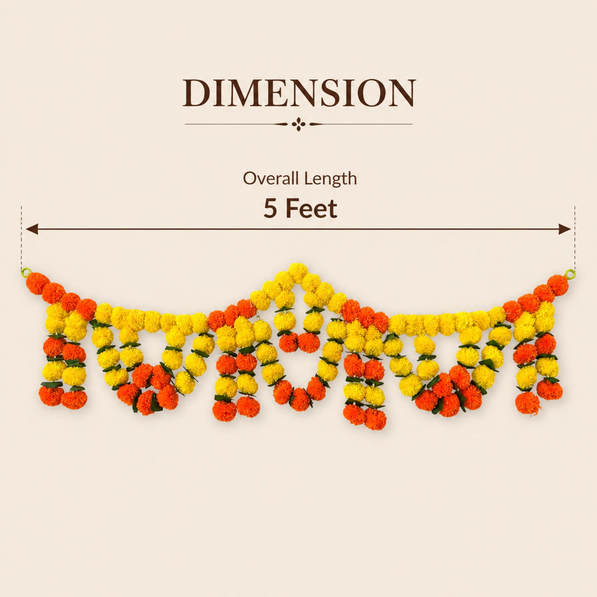 A vibrant five-foot marigold door toran with yellow and orange blossoms for Indian wedding and festival decor