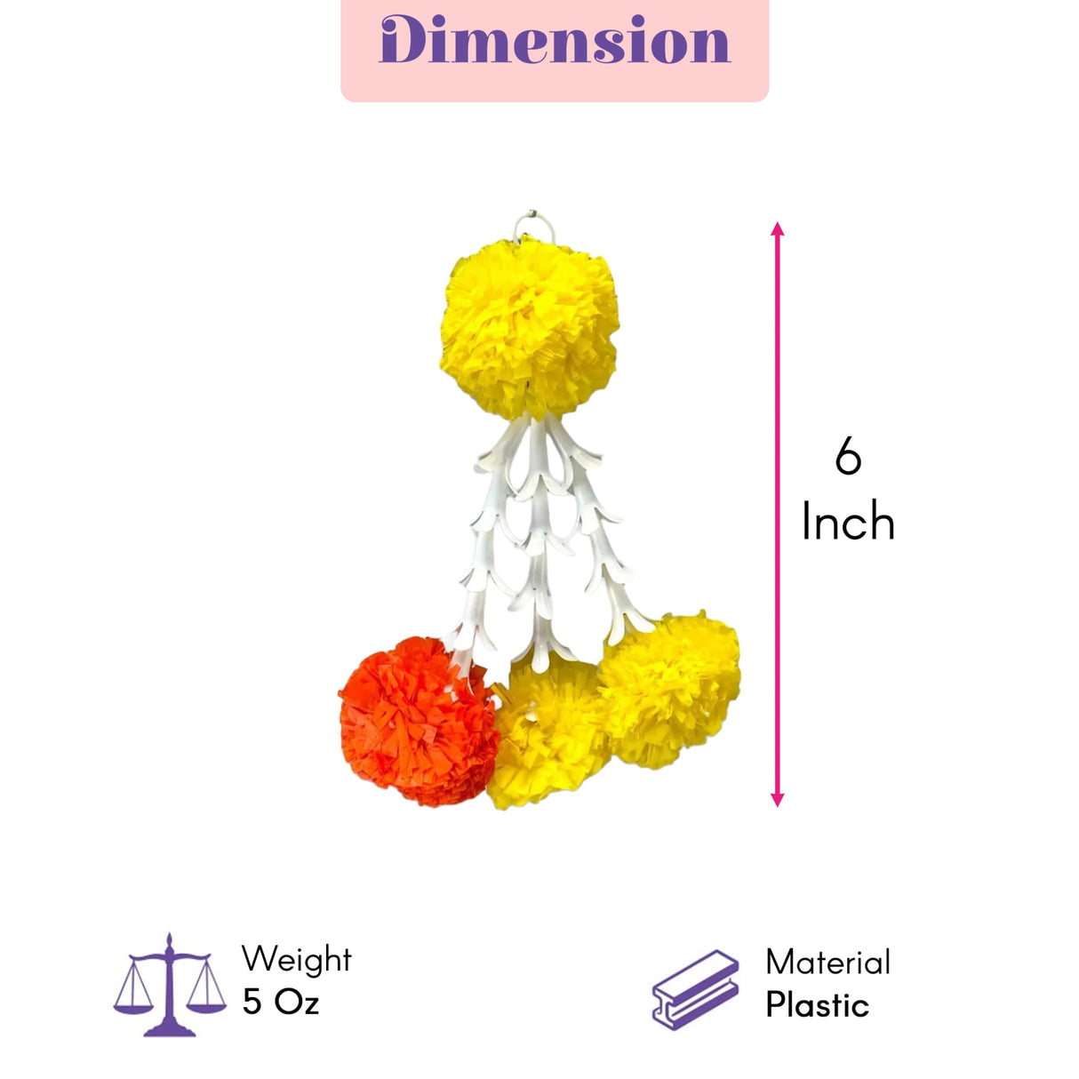 Bulk marigold tuberose tassels plastic hanging garland with white, yellow, and orange pom-poms for Diwali and Eid decor