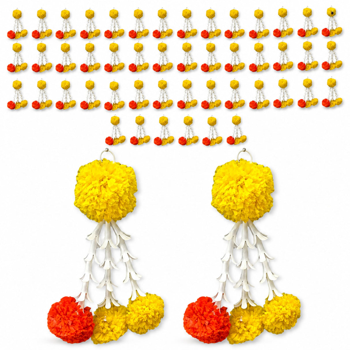 Bright yellow and orange marigold tuberose tassels with white decorative elements for diwali and wedding decor