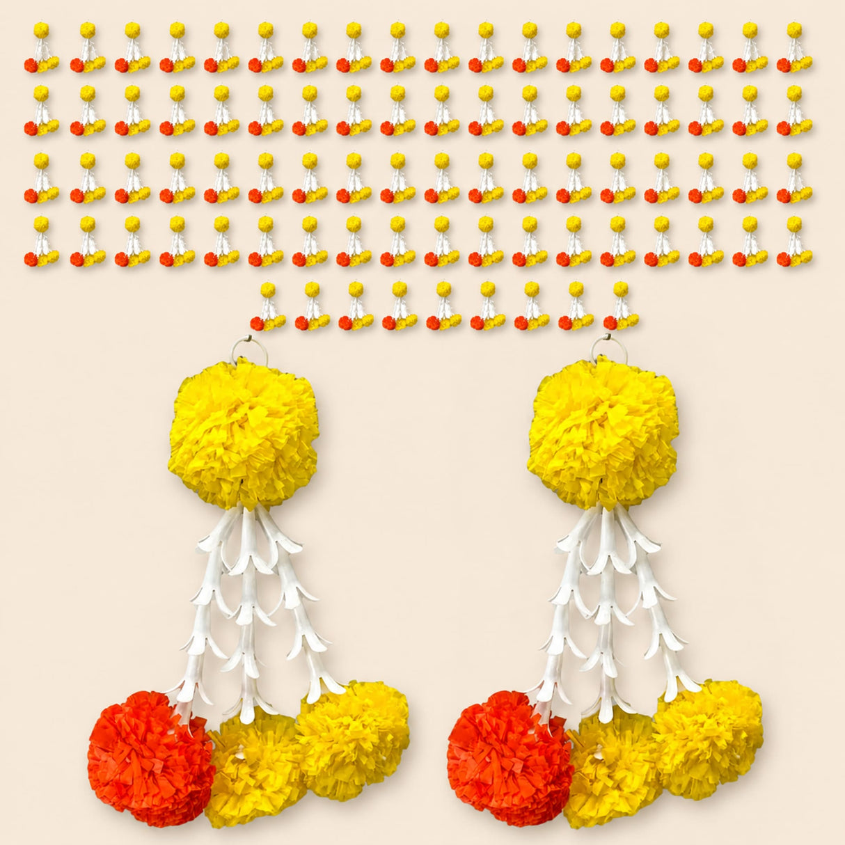 Bright yellow and orange bulk marigold tuberose tassels with white decorative elements for Diwali and wedding decor