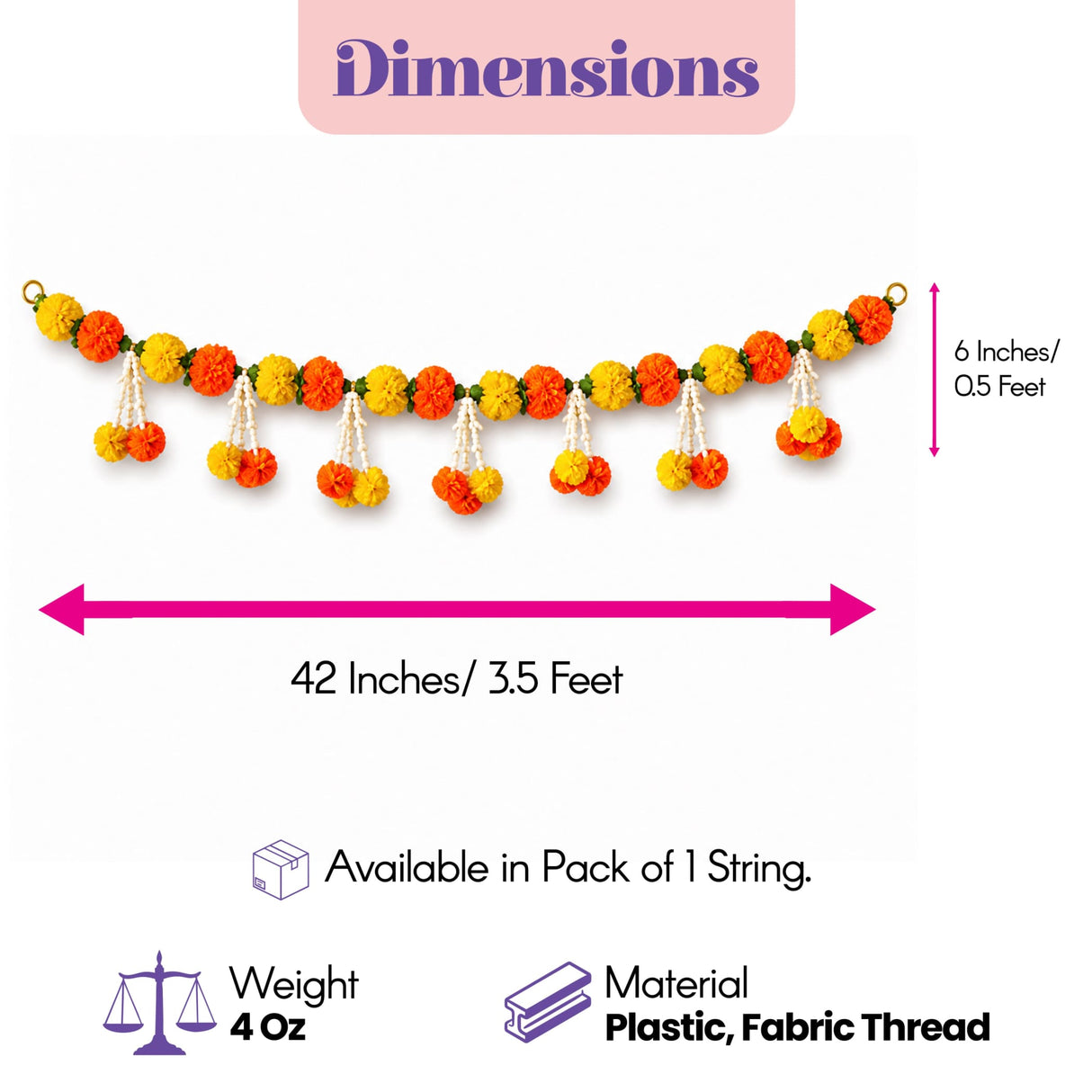 A vibrant orange and yellow marigold tuberose door toran garland with white tassels made of plastic and fabric thread