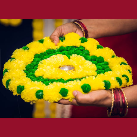 Rangoli Mat Diwali Decor Round Tea Light Holders Artificial Marigold Flowers Pompom Decorative Home Pooja Temple Decor Housewarming Return Gift Day of the Dead Dia De Los Muertos Ofrenda - LoveNspire