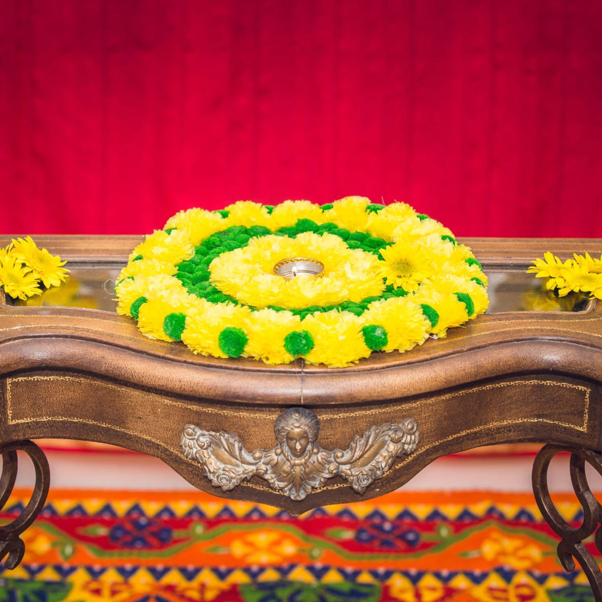Rangoli Mat Diwali Decor Round Tea Light Holders Artificial Marigold Flowers Pompom Decorative Home Pooja Temple Decor Housewarming Return Gift Day of the Dead Dia De Los Muertos Ofrenda - LoveNspire