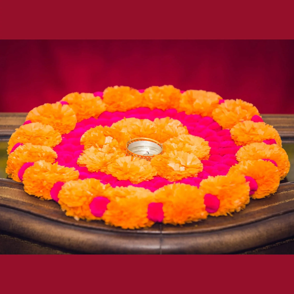 Rangoli Mat Diwali Decor Round Tea Light Holders Artificial Marigold Flowers Pompom Decorative Home Pooja Temple Decor Housewarming Return Gift Day of the Dead Dia De Los Muertos Ofrenda - LoveNspire