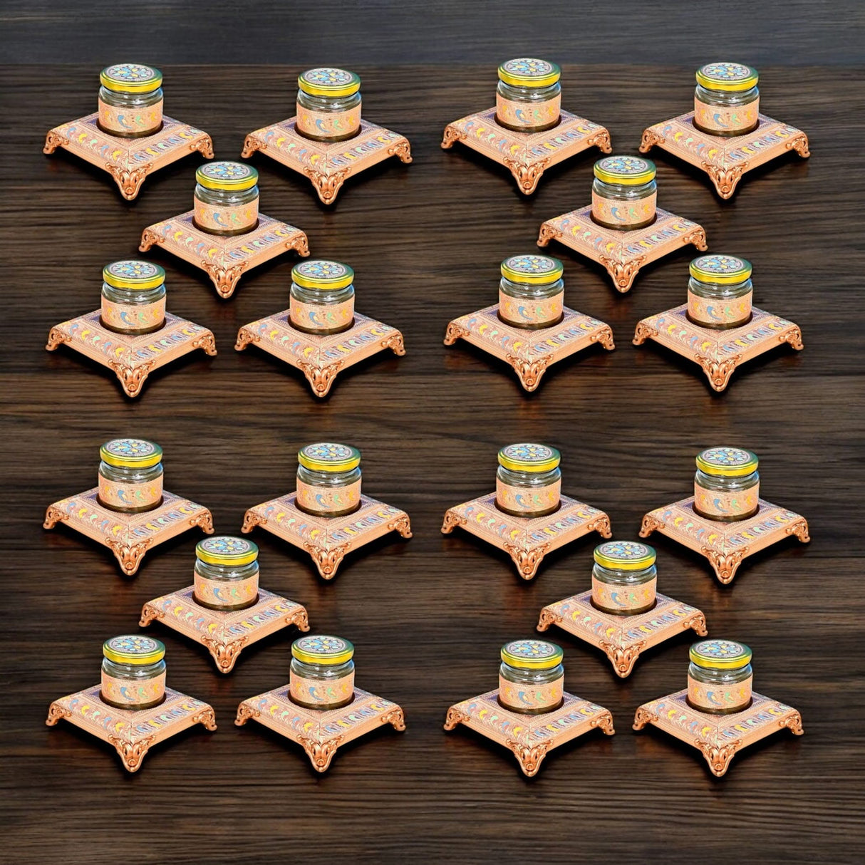 Sixteen decorative Meenakari glass jars with lids for dry fruits and gifts