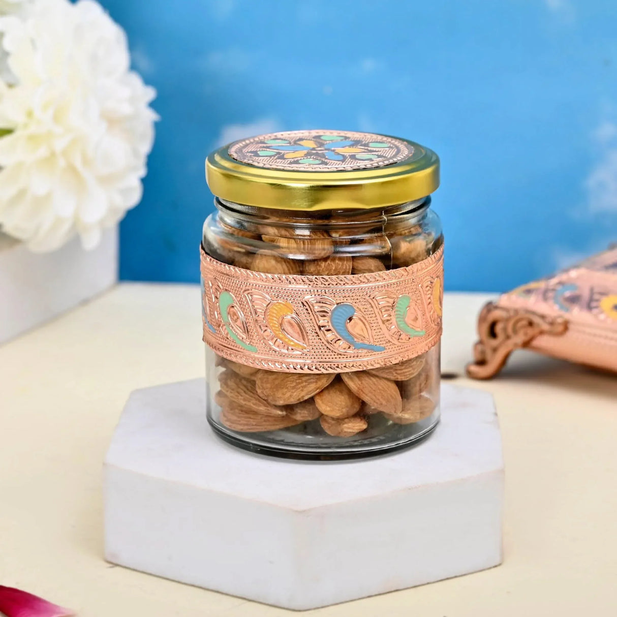 Meenakari Glass Jar Dryfruits Jars with Lid Decorative Serving Bowls Dry Fruit Storage Containers Return Gifts for Housewarming Baby Shower Wedding 200ml Cookies Nuts Candy Jar (4 Inch) - LoveNspire