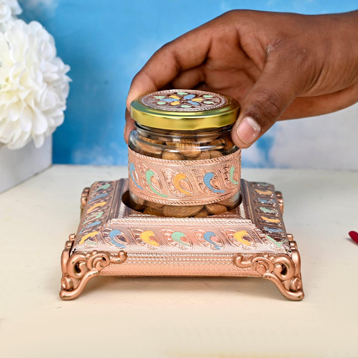 Meenakari Glass Jar Dryfruits Jars with Lid Decorative Serving Bowls Dry Fruit Storage Containers Return Gifts for Housewarming Baby Shower Wedding 200ml Cookies Nuts Candy Jar (4 Inch) - LoveNspire