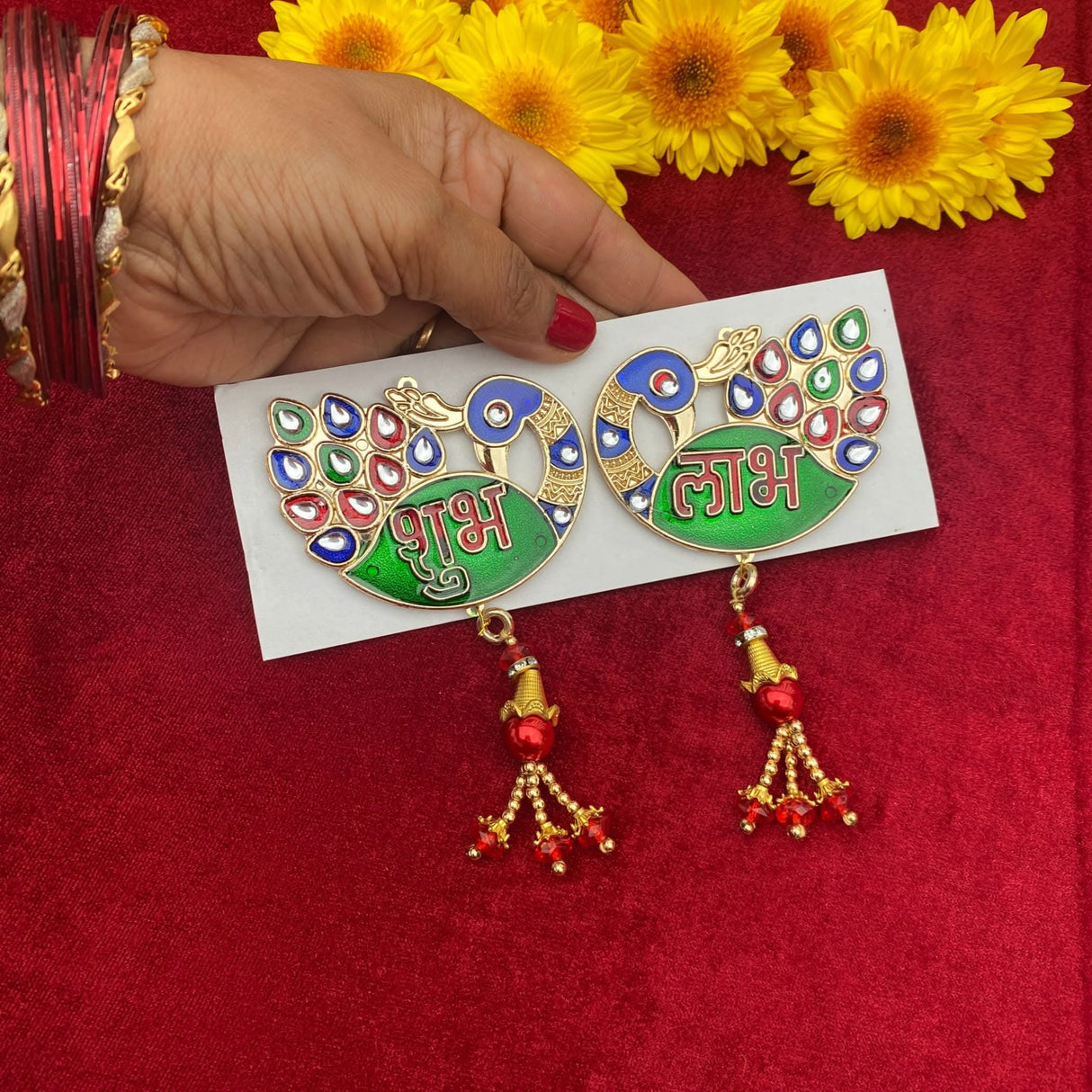 Meenakari Peacock Shubh Labh Decor Indian Traditional Gift Item for Home Office Floor/wall Stickers Wall Art Diwali Decorations Housewarming Gift - LoveNspire