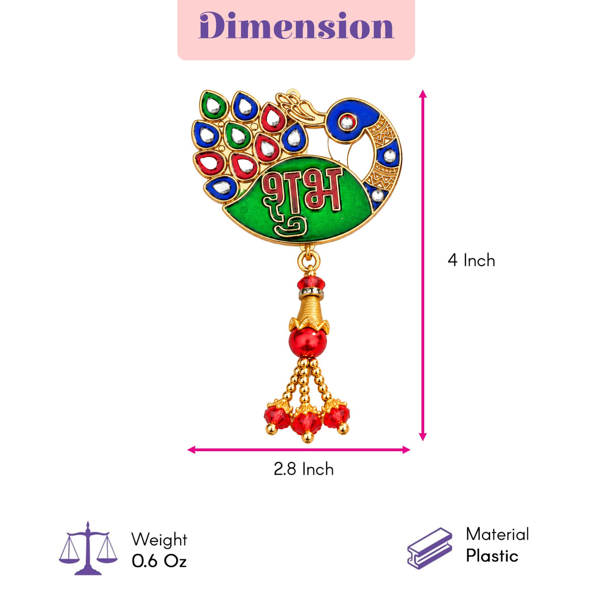 Meenakari peacock-shaped gold-toned pin with colorful enamel feathers green body red hindi script and dangling beads