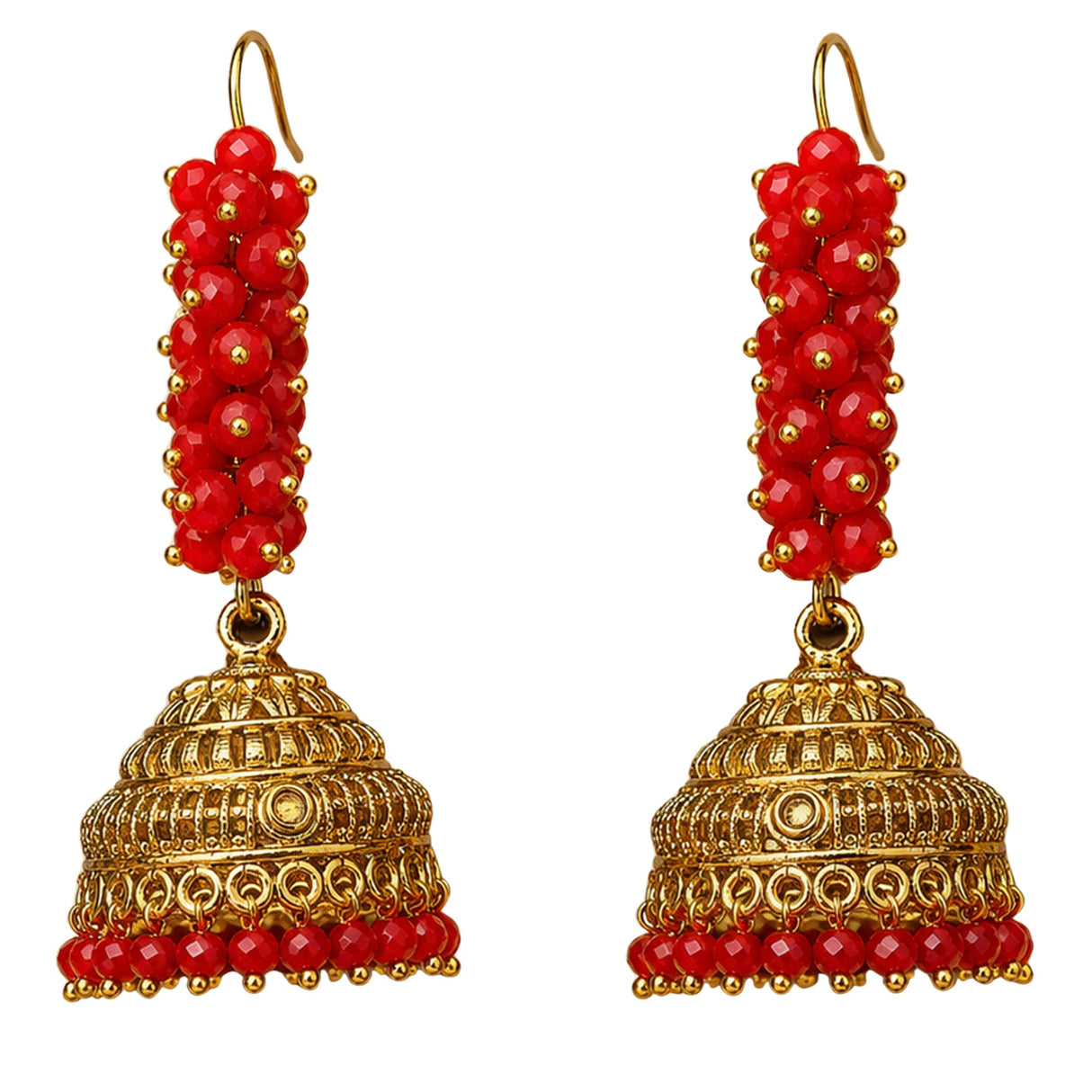 Indian bali hoop and bead earrings for women featuring red and gold jhumka design with filigree and faceted beads
