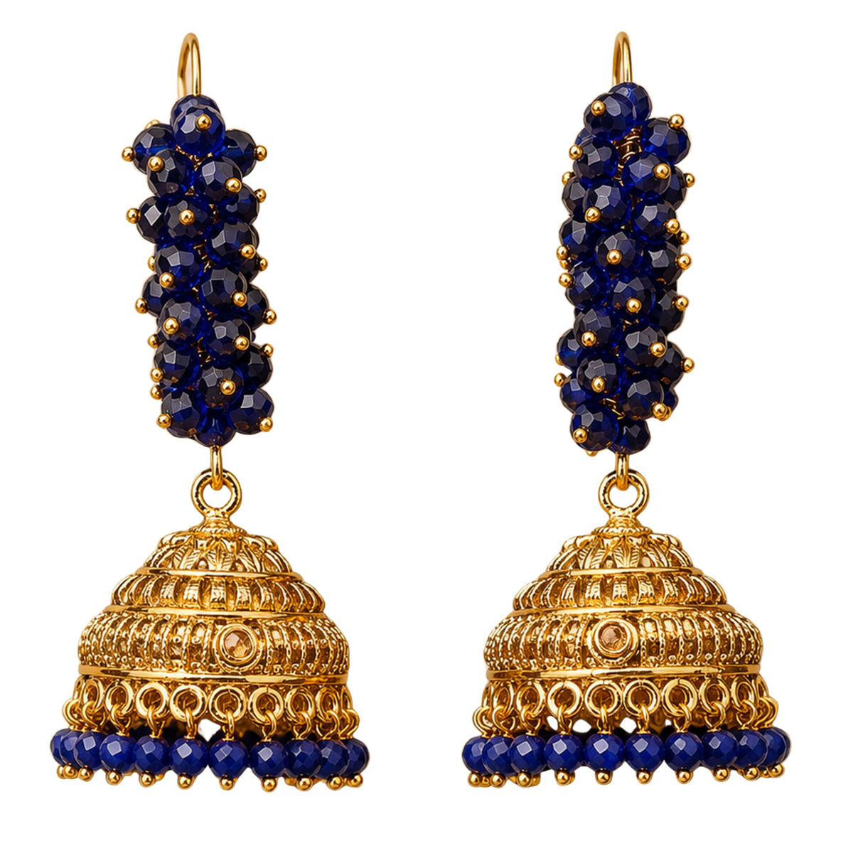 Indian Bali hoop and bead earrings featuring gold tone jhumka design with deep blue faceted beads and intricate filigree detailing for wedding and ethnic wear