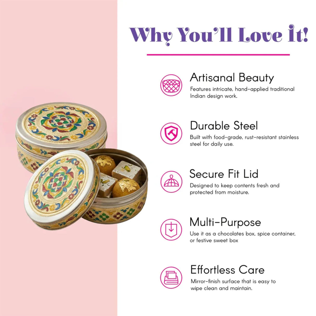 Handcrafted meenakari stainless steel round box with intricate gold and colorful enamel for sweets storage and gifts