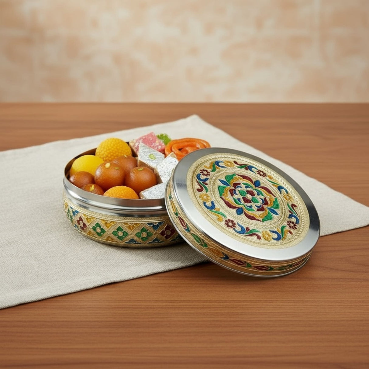 Decorative Meenakari stainless steel round cookie tin with floral patterns and gold accents