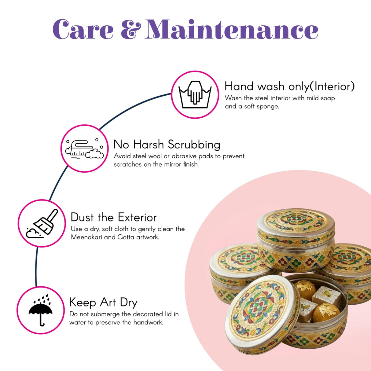 Meenakari stainless steel round cookie tin with hand-painted meenakari and gotta artwork and gold-trimmed lid