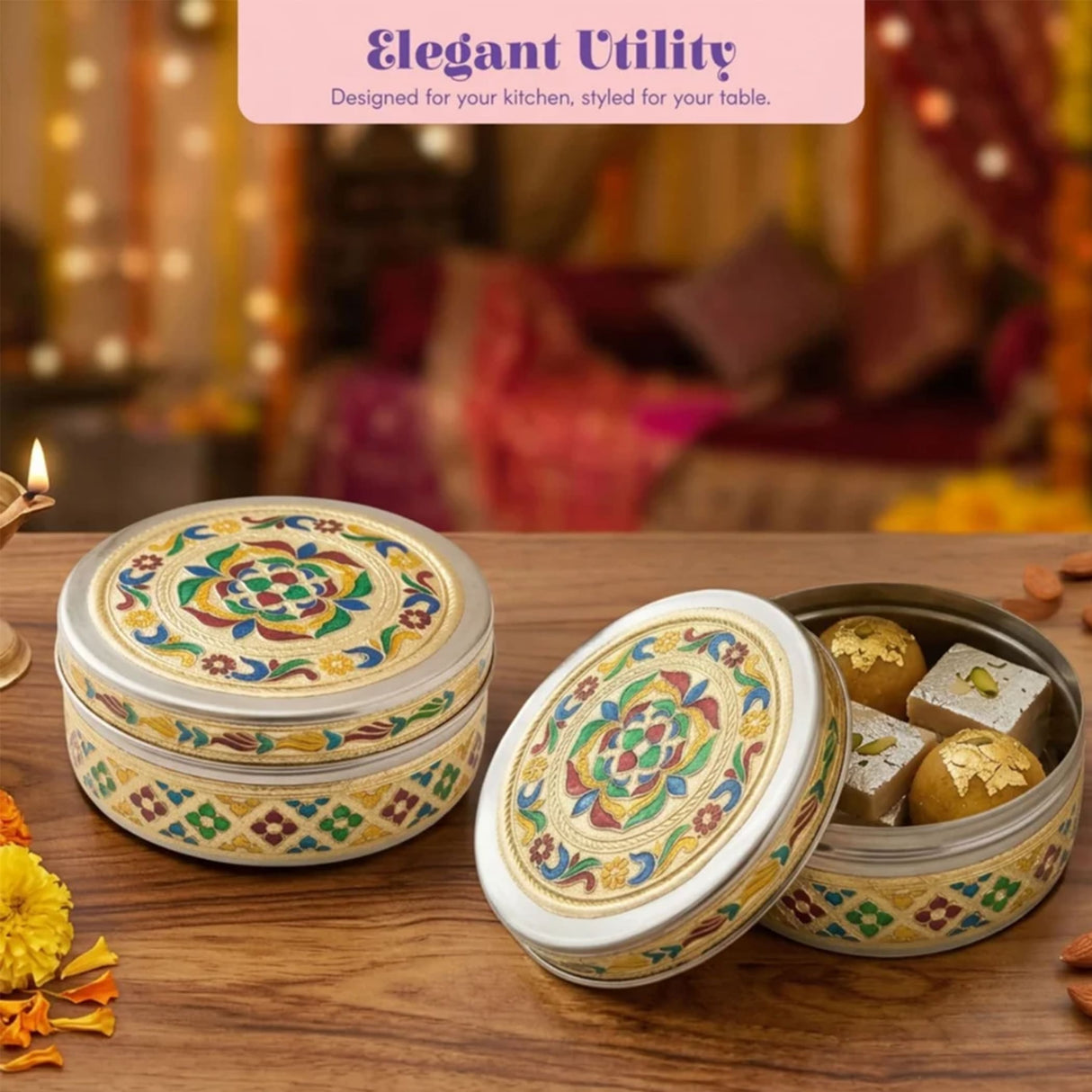 Hand-painted meenakari stainless steel round candy box with gold green blue and red floral patterns for Indian wedding favors