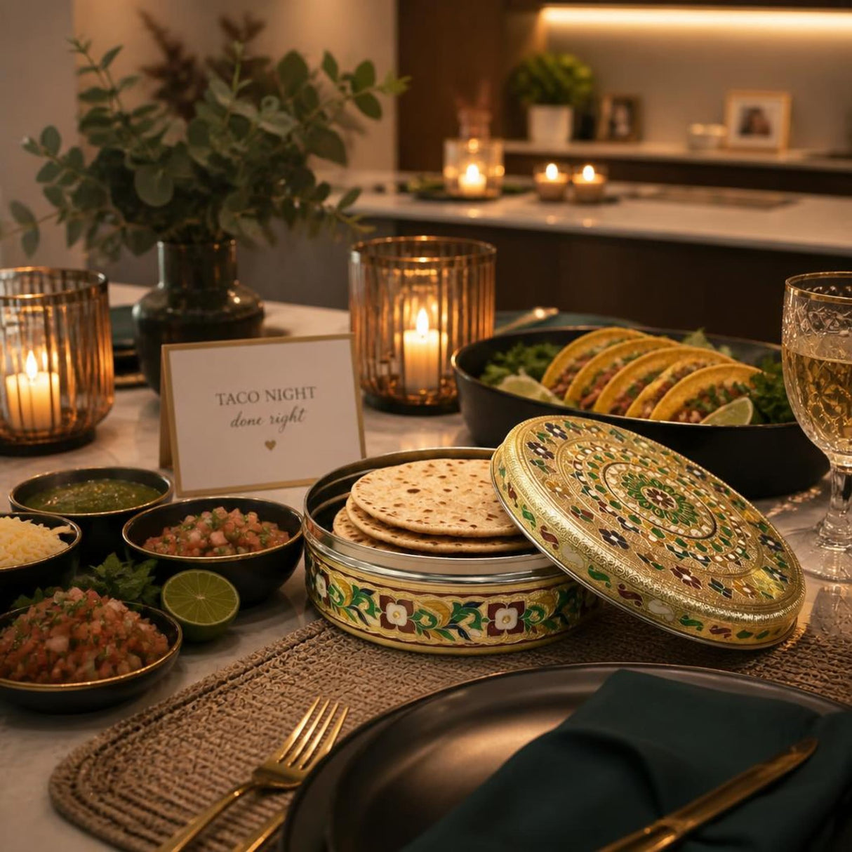 Ornate gold and green stainless steel tortilla warmer with lid featuring handcrafted meenakari design holding flatbreads