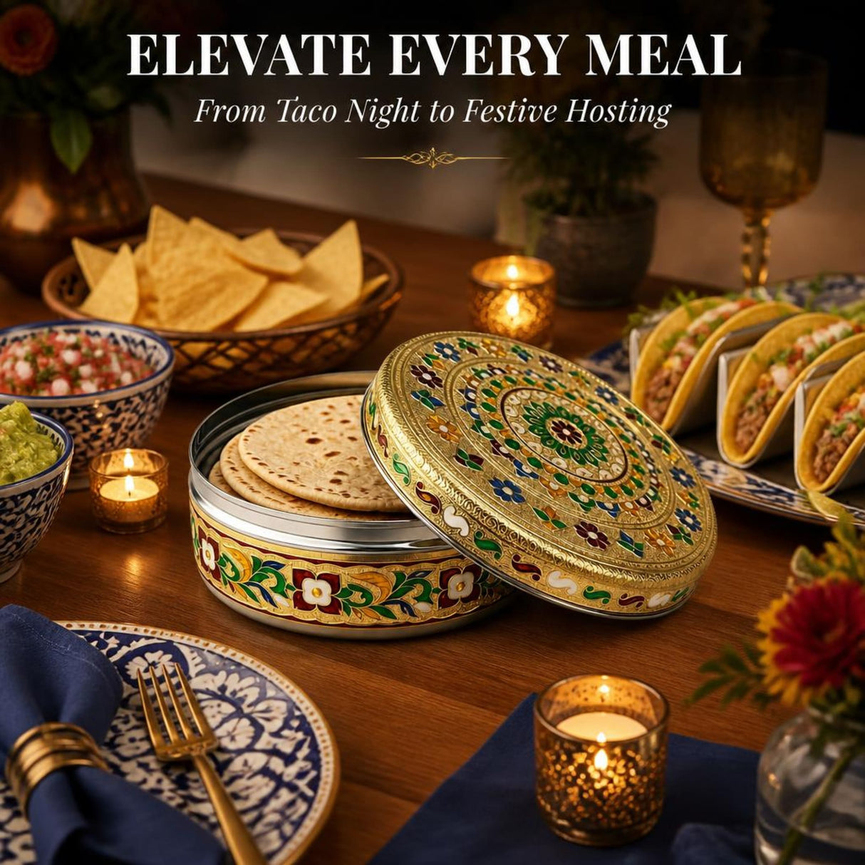 Ornate gold and green stainless steel tortilla warmer with lid featuring handcrafted meenakari floral design for taco night