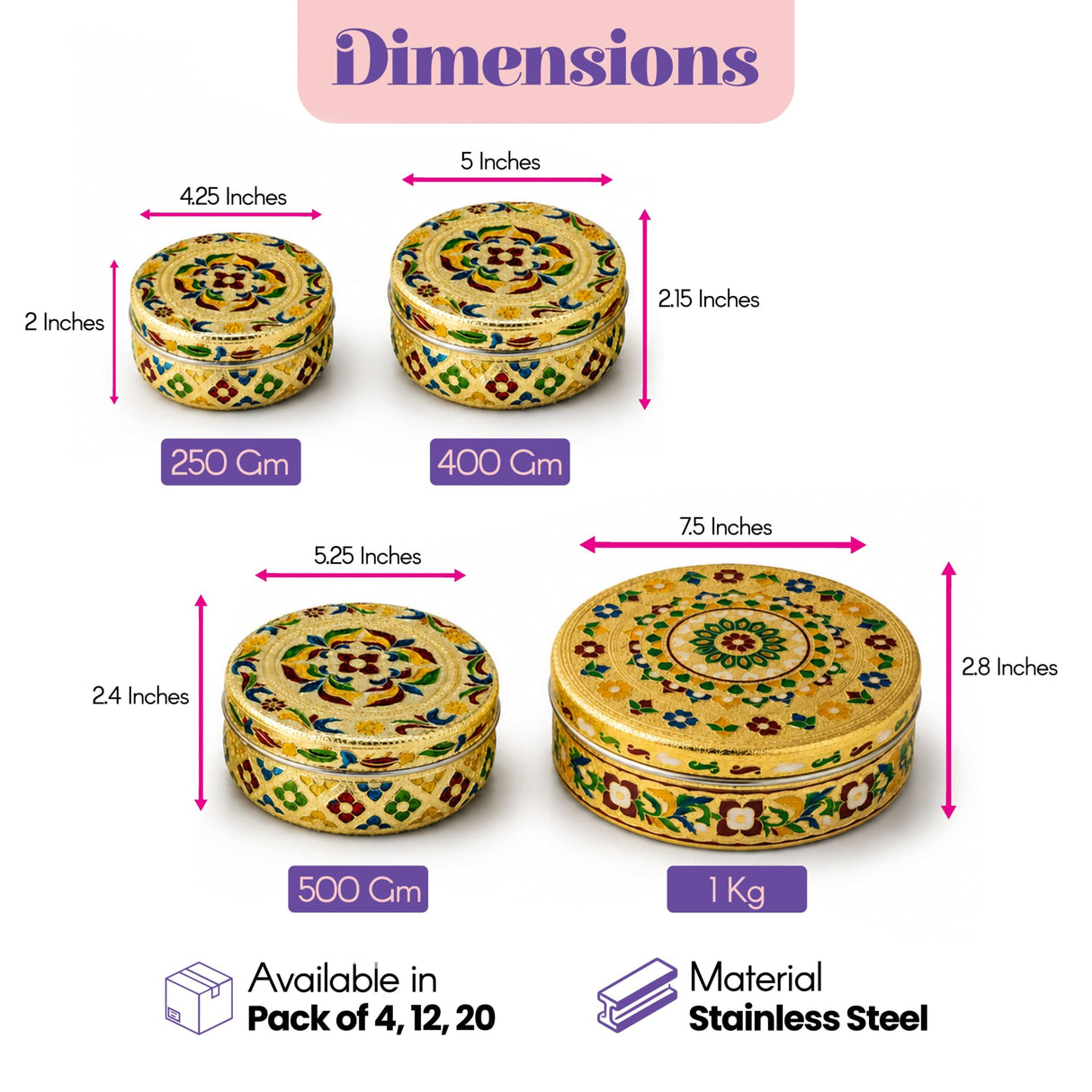 Meenakari gold-colored stainless steel storage box with lid featuring intricate floral and geometric patterns for sweets and gifts