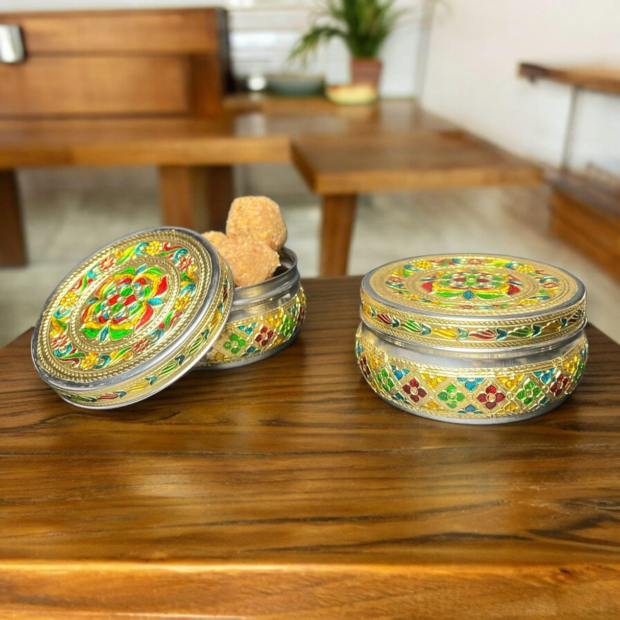 4 Ct 400 Grams Meenakari Stainless Steel Box Decorative Small Round Cookie Tin Indian Wedding Favor Container Dabba for Sweets Laddu Dryfruit Chocolate Multipurpose Storage Box - Housewarming Gift - LoveNspire