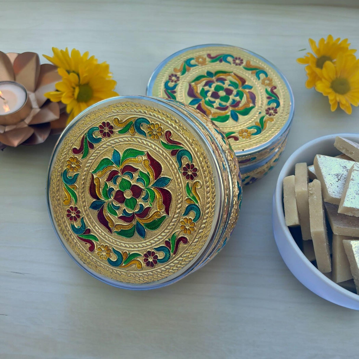 4 Ct 400 Grams Meenakari Stainless Steel Box Decorative Small Round Cookie Tin Indian Wedding Favor Container Dabba for Sweets Laddu Dryfruit Chocolate Multipurpose Storage Box - Housewarming Gift - LoveNspire