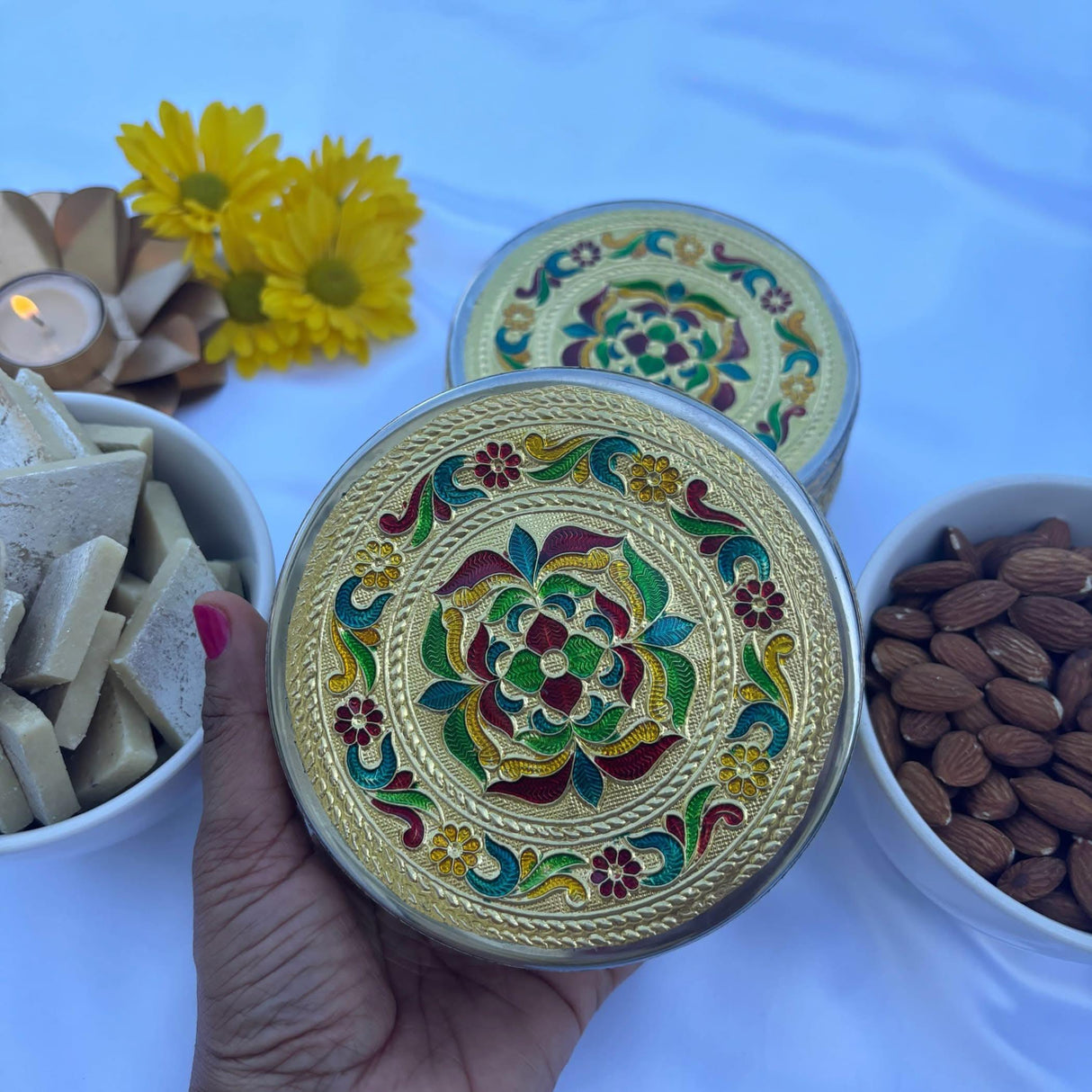 4 Ct 400 Grams Meenakari Stainless Steel Box Decorative Small Round Cookie Tin Indian Wedding Favor Container Dabba for Sweets Laddu Dryfruit Chocolate Multipurpose Storage Box - Housewarming Gift - LoveNspire