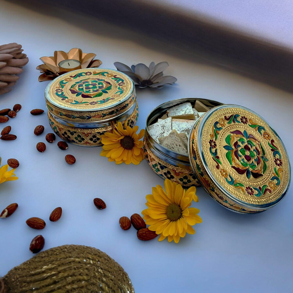 4 Ct 400 Grams Meenakari Stainless Steel Box Decorative Small Round Cookie Tin Indian Wedding Favor Container Dabba for Sweets Laddu Dryfruit Chocolate Multipurpose Storage Box - Housewarming Gift - LoveNspire