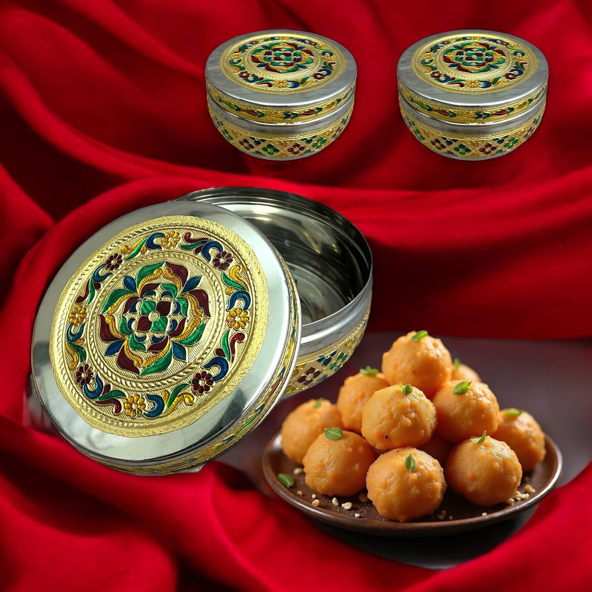 Decorated silver sweet containers for Indian wedding favors and multi-purpose storage