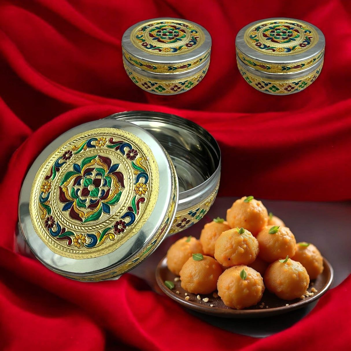 Meenakari Stainless Steel Box Decorative Round Cookie Tin Indian Wedding Favor Container Dabba for Sweets Laddu Dryfruit Chocolate Multipurpose Storage Box - Housewarming Return Gift - LoveNspire