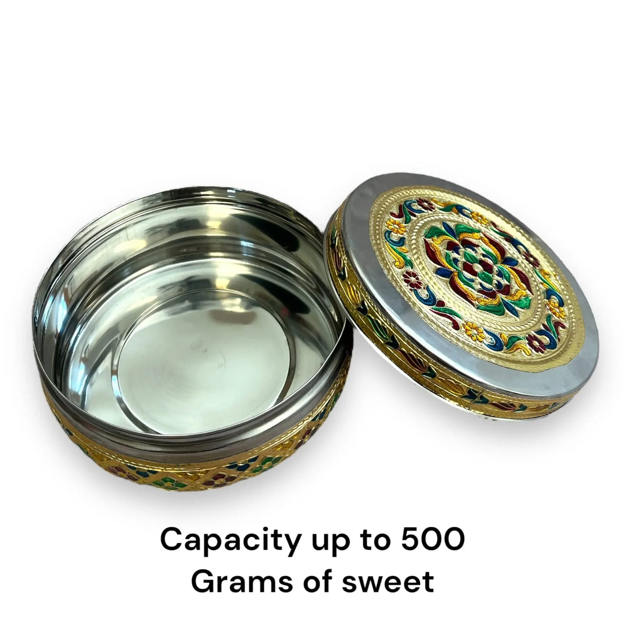 Meenakari Stainless Steel Box Decorative Round Cookie Tin Indian Wedding Favor Container Dabba for Sweets Laddu Dryfruit Chocolate Multipurpose Storage Box - Housewarming Return Gift - LoveNspire