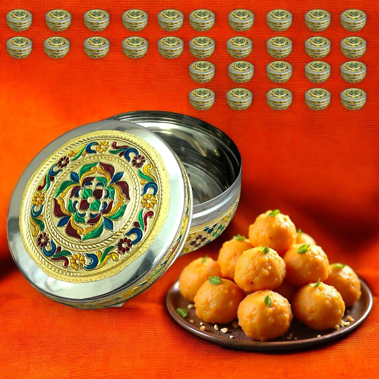 Meenakari Stainless Steel Box Decorative Round Cookie Tin Indian Wedding Favor Container Dabba for Sweets Laddu Dryfruit Chocolate Multipurpose Storage Box - Housewarming Return Gift - LoveNspire